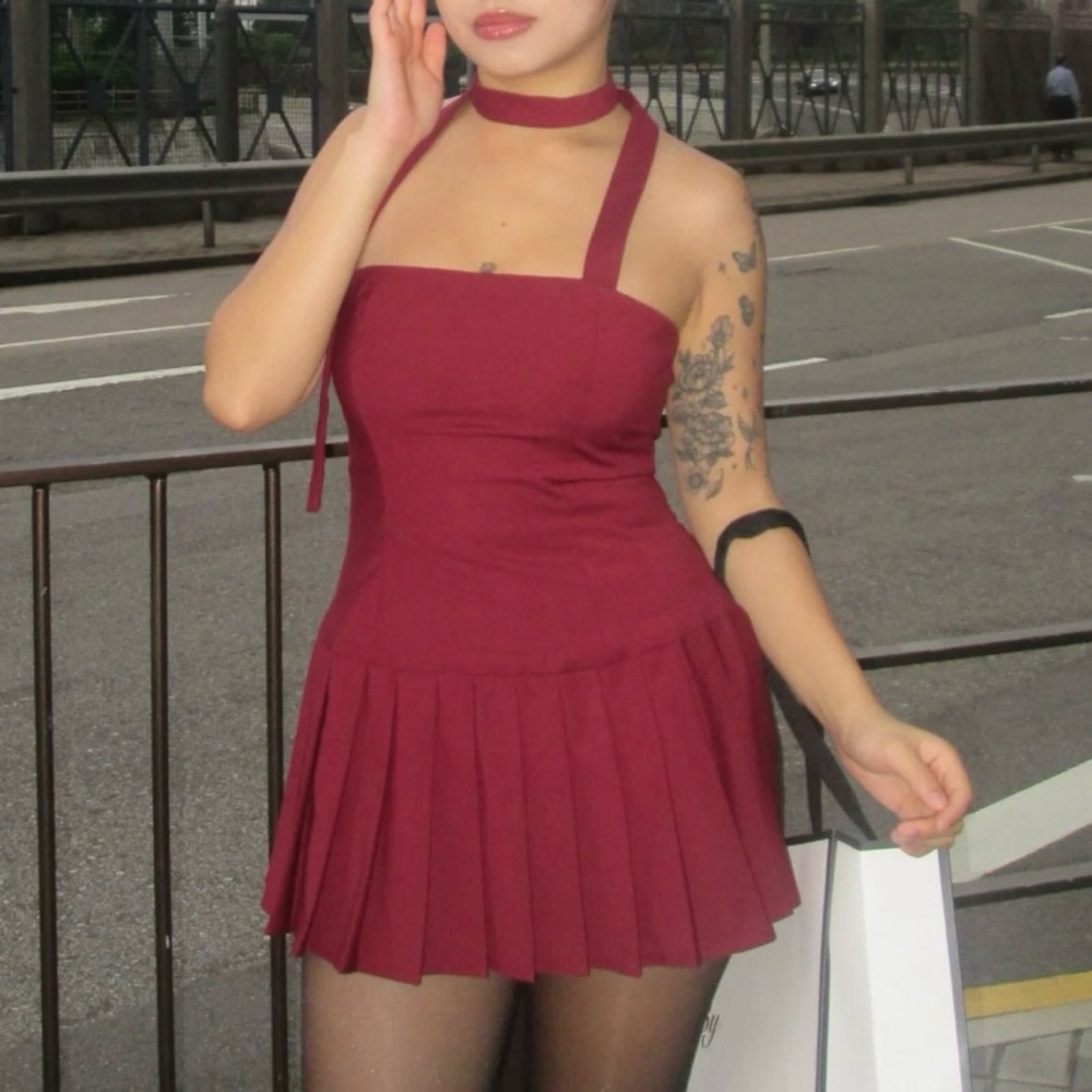 Vintage cherry red/ burgundy pleated mini dress